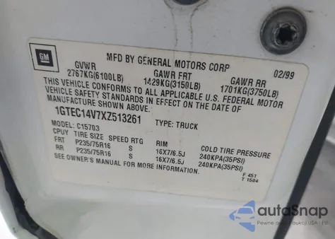 1999 GMC Sierra 1500 Sle z USA, uszkodzony, nr VIN 1GTEC14V7XZ513261